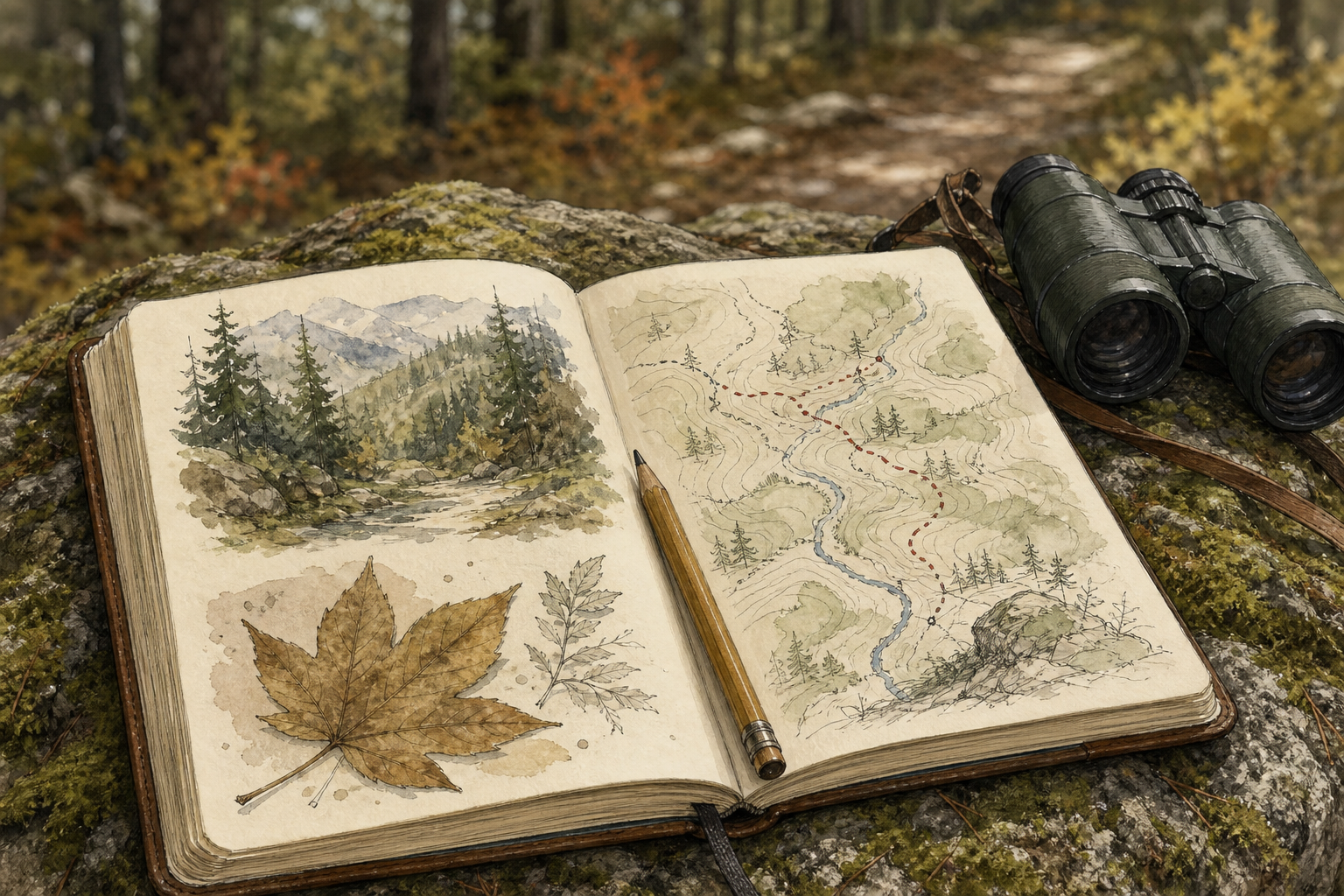 Field Notebook open on a rock with pencil and binoculars