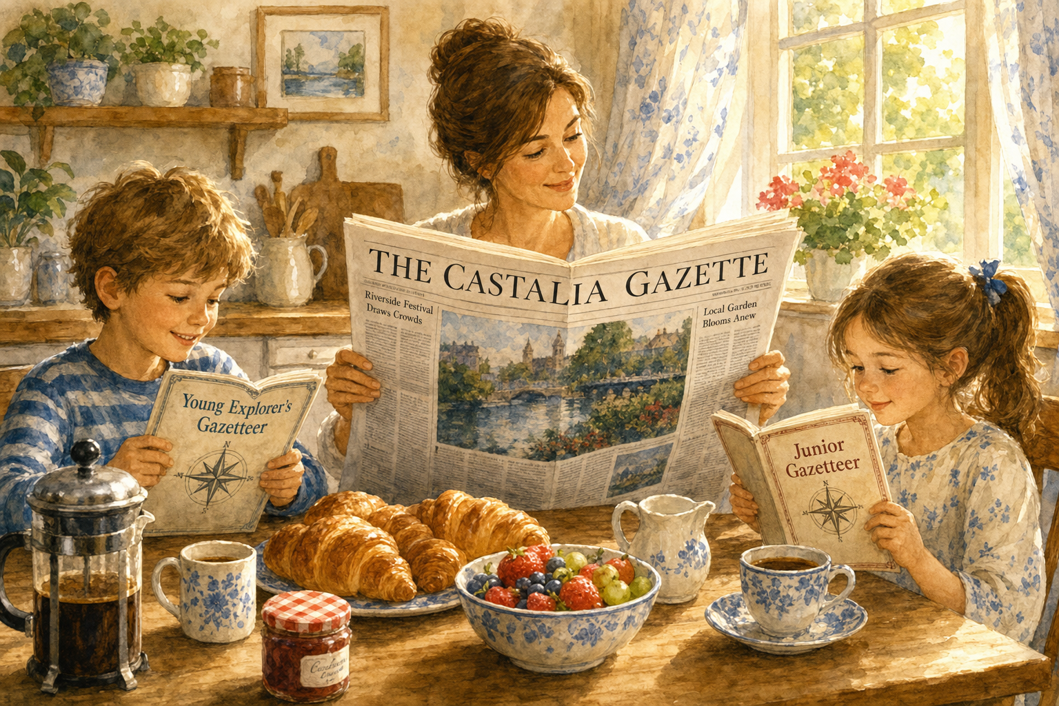 Family at the table: parent reading the Gazette tabloid; children with Gazetteer booklets