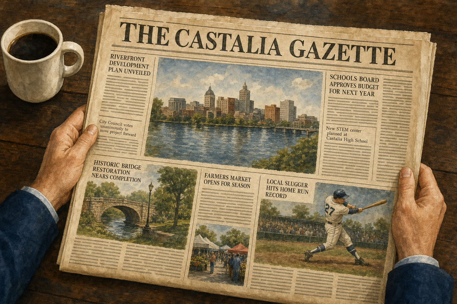 Hands holding an open Gazette tabloid over morning coffee